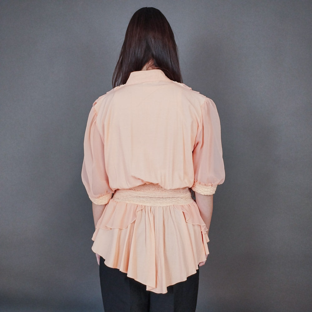 VIN-OUTW-33431 Vintage τοπ σομόν γαλλικό με δαντέλα S-M