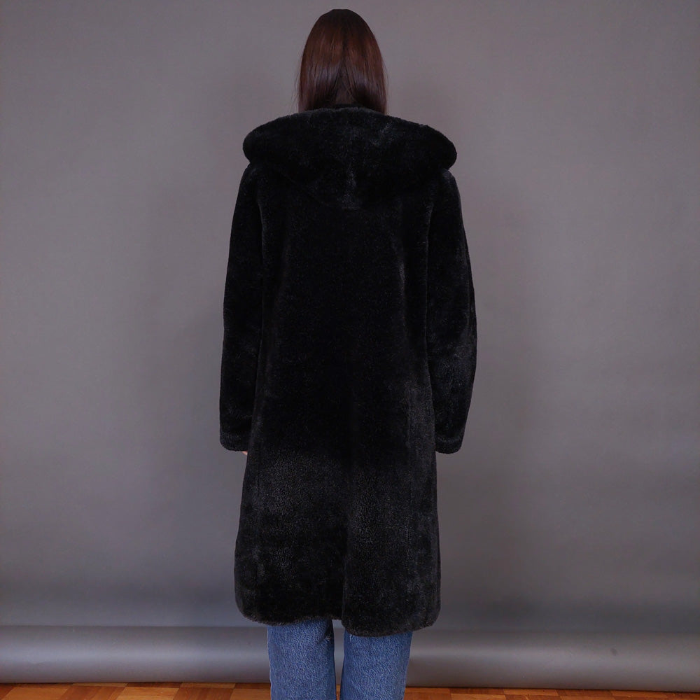 VIN-OUTW-33607 Vintage γούνα οικολογική μαύρη με κουκούλα S-M