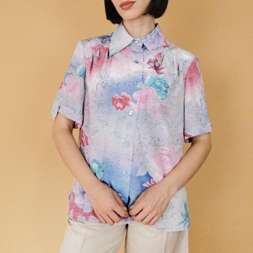 VIN-BLO-27544 Vintage πουκάμισο εμπριμέ ροζ μοβ μπλε Μ-L