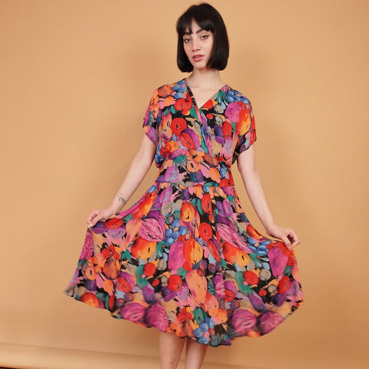 VIN-DR-27437 Vintage φόρεμα εμπριμέ με φρούτα M-L