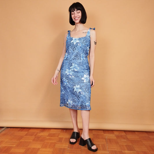VIN-DR-27444 Vintage φόρεμα εμπριμέ μπλε αμάνικο S-M