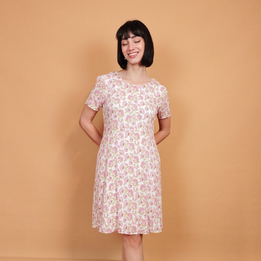 VIN-DR-27432 Vintage φόρεμα floral λευκό ροζ M-L