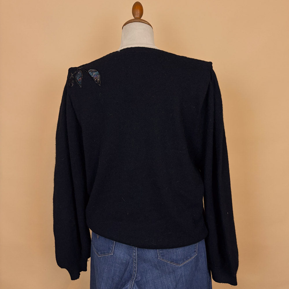 VIN-KNIT-35738 Vintage πλεκτή μπλούζα μαύρη μοχέρ με κεντήματα 80's L
