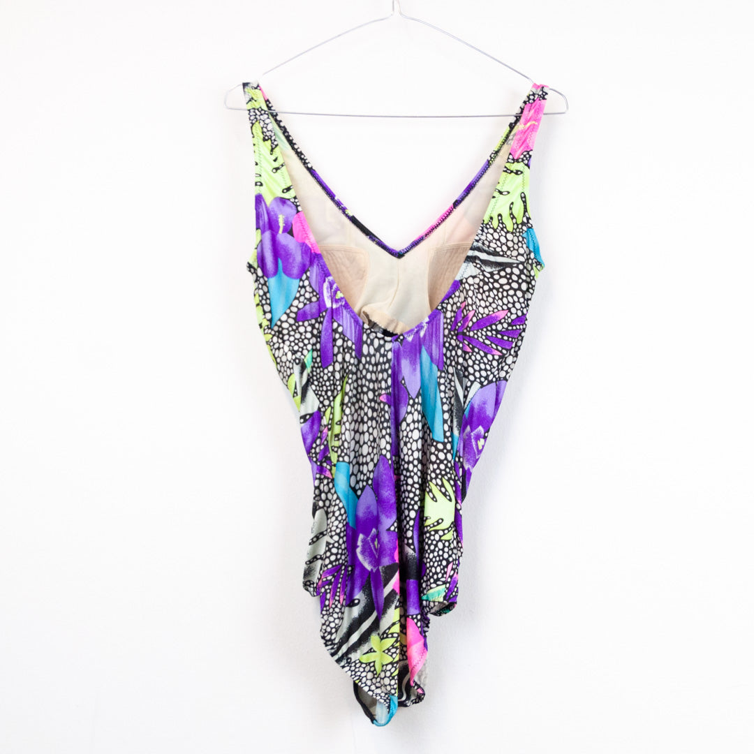 VIN-SWI-23249 Vintage μαγιό ολόσωμο μαύρο-εμπριμέ XL