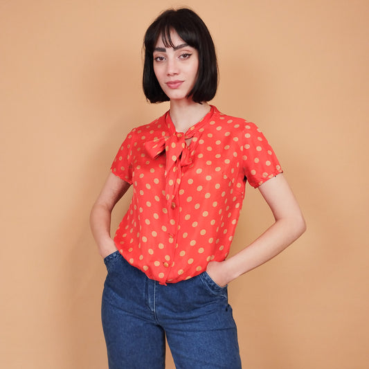 VIN-BLO-27388 Vintage πουκάμισο πουά πορτοκαλί S