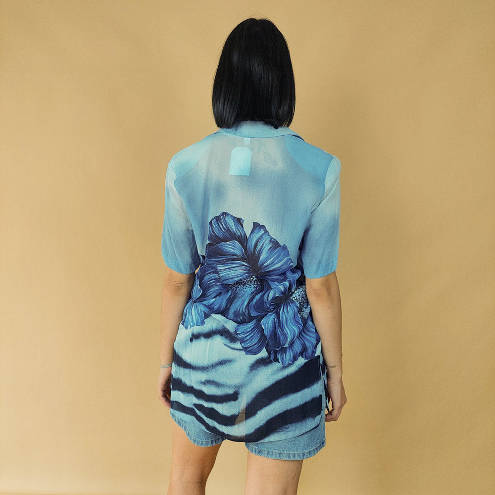 VIN-BLO-27931 Vintage πουκάμισο γαλάζιο βισκόζη M-L