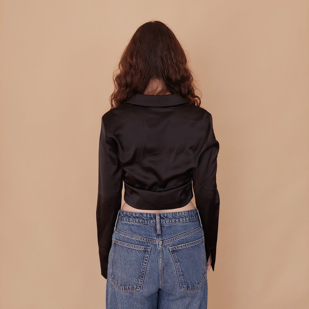 VIN-BLO-34839 Vintage top μαύρο σατέν S