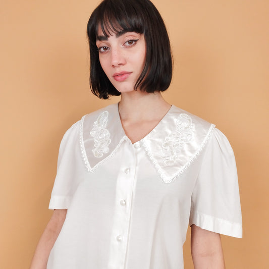 VIN-BLO-27403 Vintage πουκάμισο λευκό με εντυπωσιακό γιακά S-M