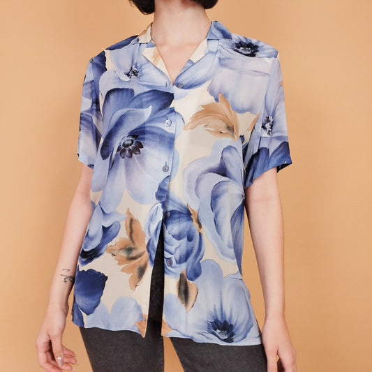 VIN-BLO-27400 Vintage πουκάμισο floral μπλε μπεζ M