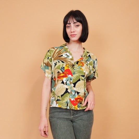 VIN-BLO-27399 Vintage πουκάμισο floral πράσινο M-L