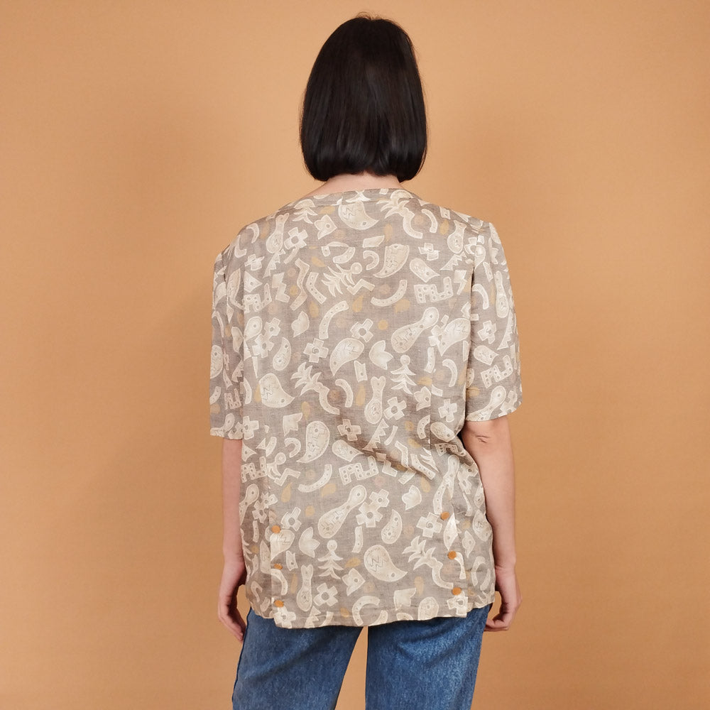 VIN-BLO-27414 Vintage πουκάμισο καφέ μπεζ L