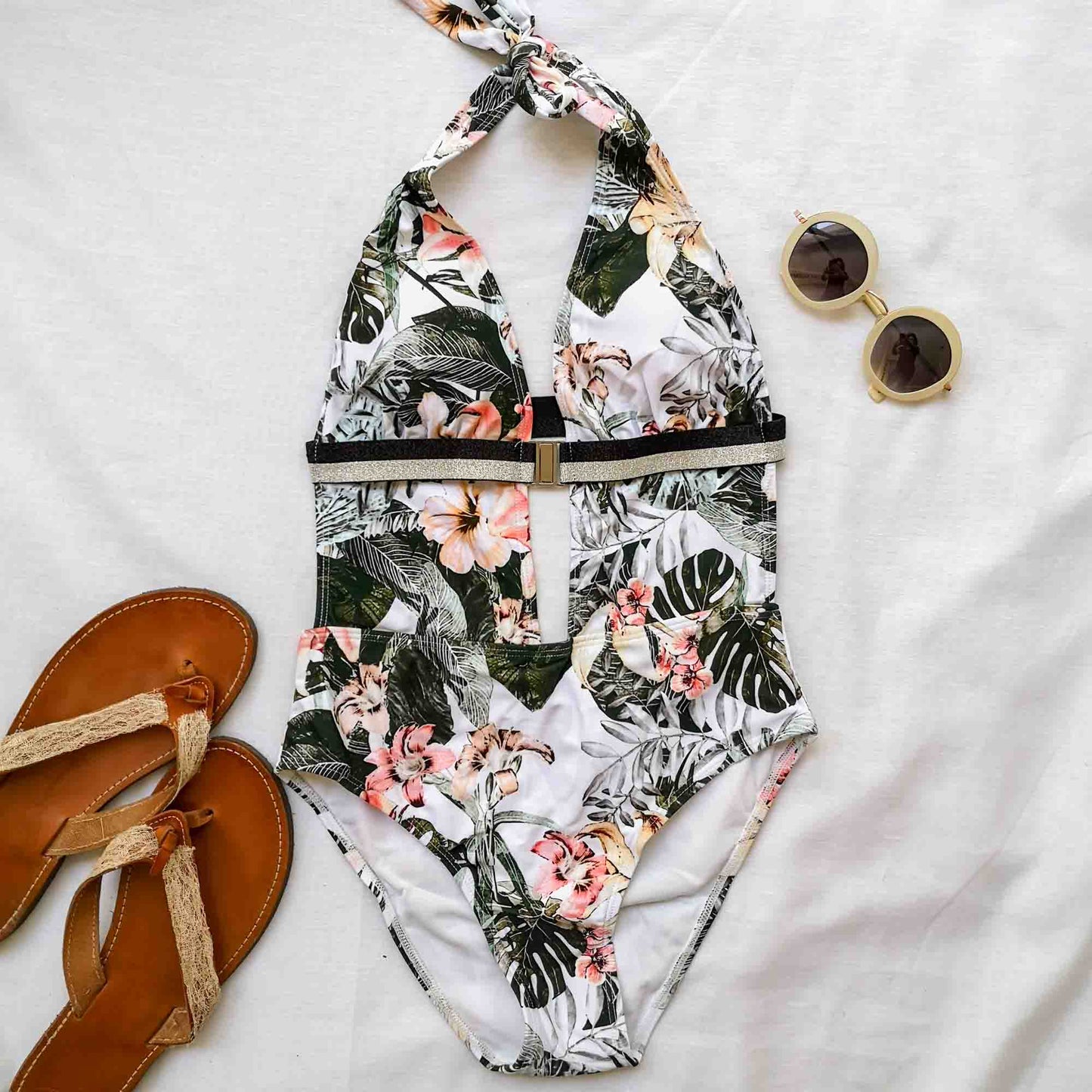 SWI-087 Μαγιό ολόσωμο floral λευκό-πράσινο-ροζ, τύπου retro