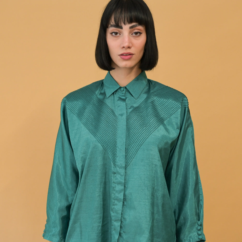 VIN-BLO-24675 Vintage πουκάμισο μεταξωτό πράσινο L