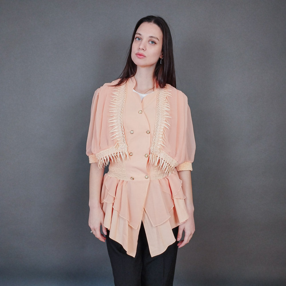 VIN-OUTW-33431 Vintage τοπ σομόν με δαντέλα S-M