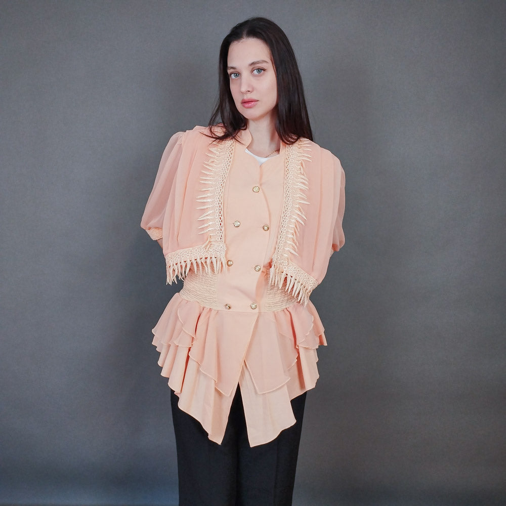 VIN-OUTW-33431 Vintage τοπ σομόν γαλλικό με δαντέλα S-M