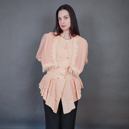 VIN-OUTW-33431 Vintage τοπ σομόν γαλλικό με δαντέλα S-M