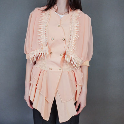 VIN-OUTW-33431 Vintage τοπ σομόν γαλλικό με δαντέλα S-M