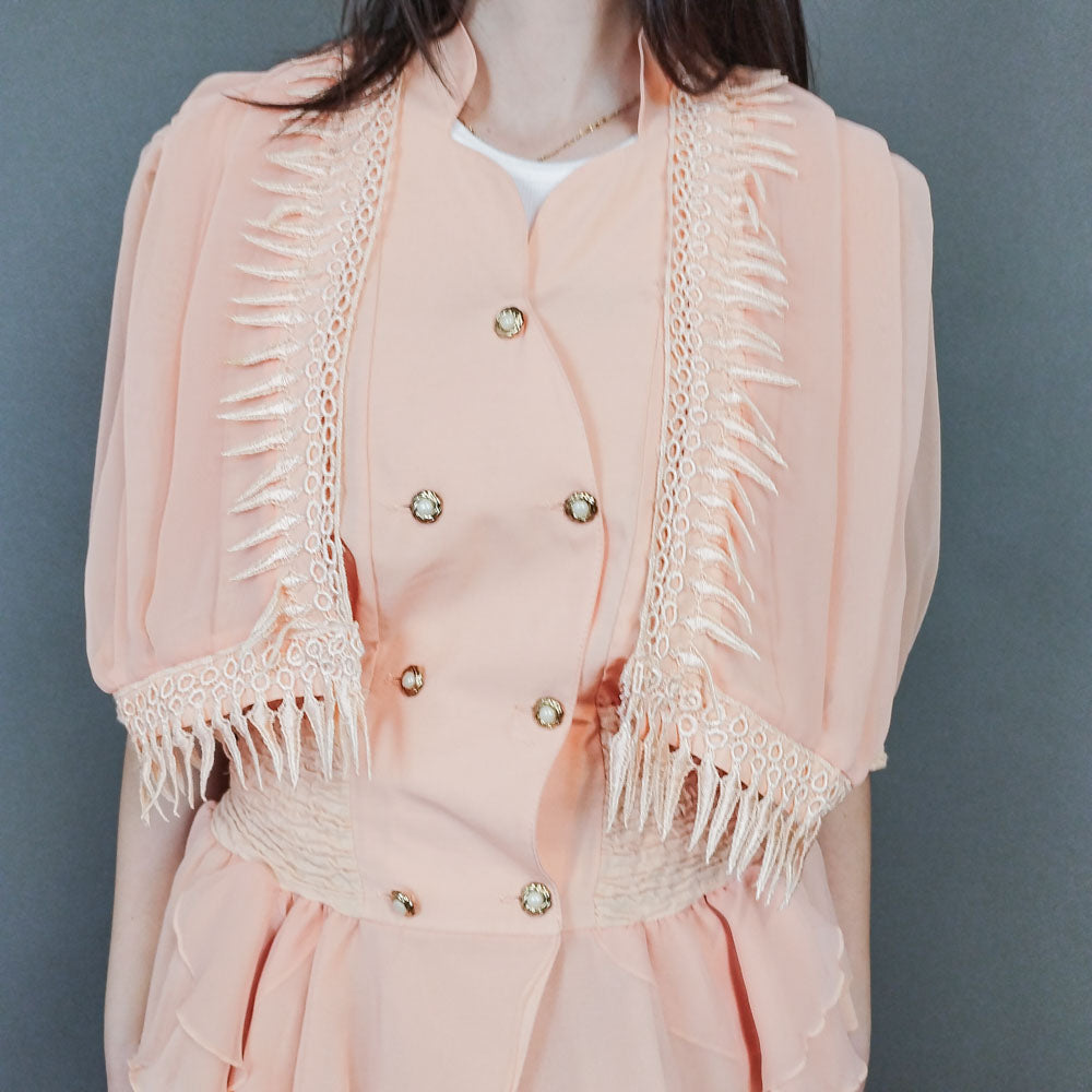 VIN-OUTW-33431 Vintage τοπ σομόν γαλλικό με δαντέλα S-M