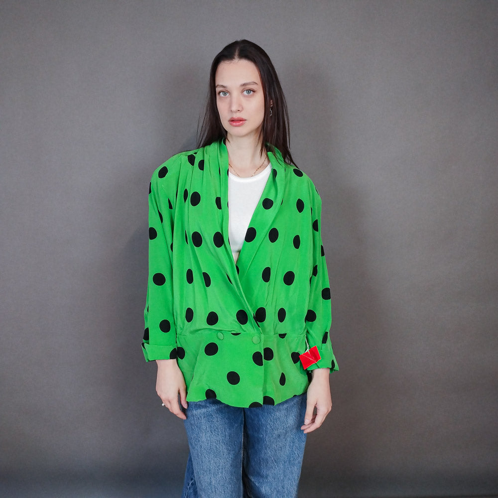 VIN-BLO-33374 Vintage top 80s μεταξωτό πουά XL