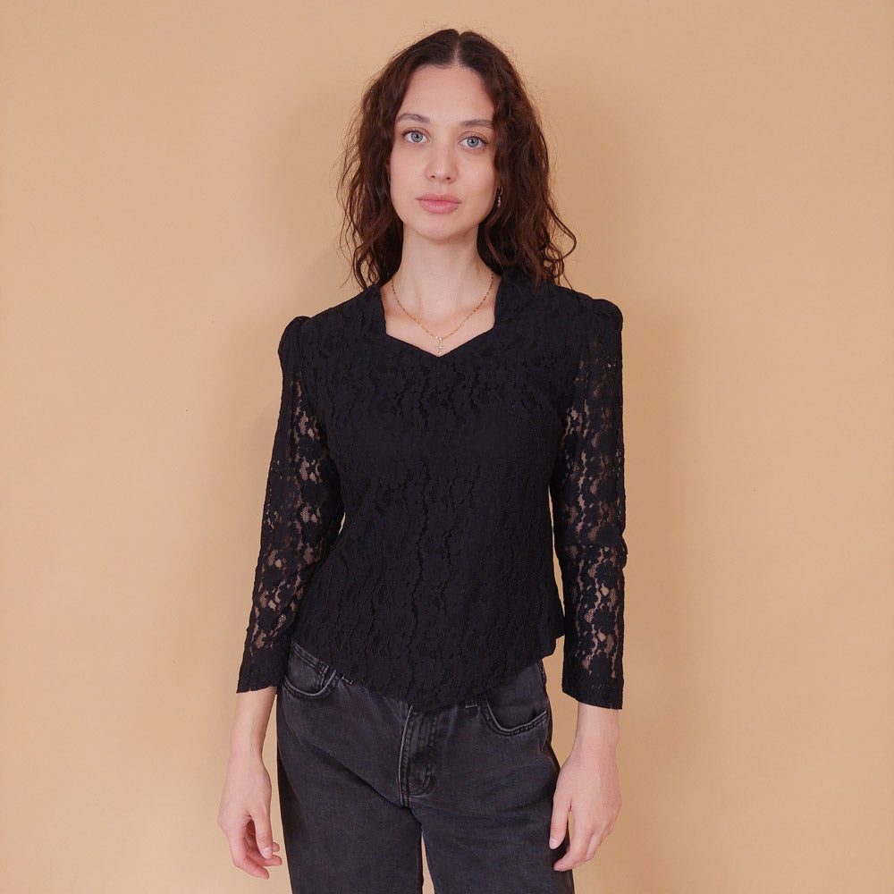 VIN-BLO-32155 Vintage πουκάμισο μαύρο δαντέλα S