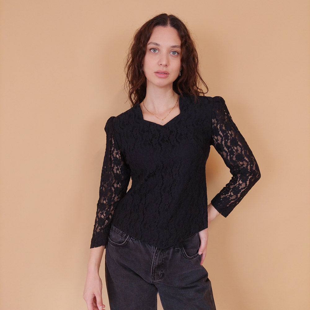 VIN-BLO-32155 Vintage πουκάμισο μαύρο δαντέλα S