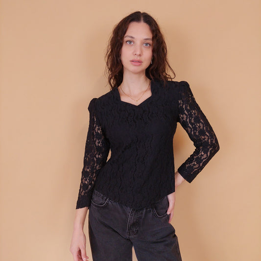 VIN-BLO-32155 Vintage πουκάμισο μαύρο δαντέλα S