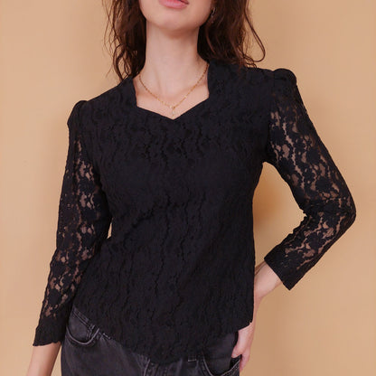 VIN-BLO-32155 Vintage πουκάμισο μαύρο δαντέλα S