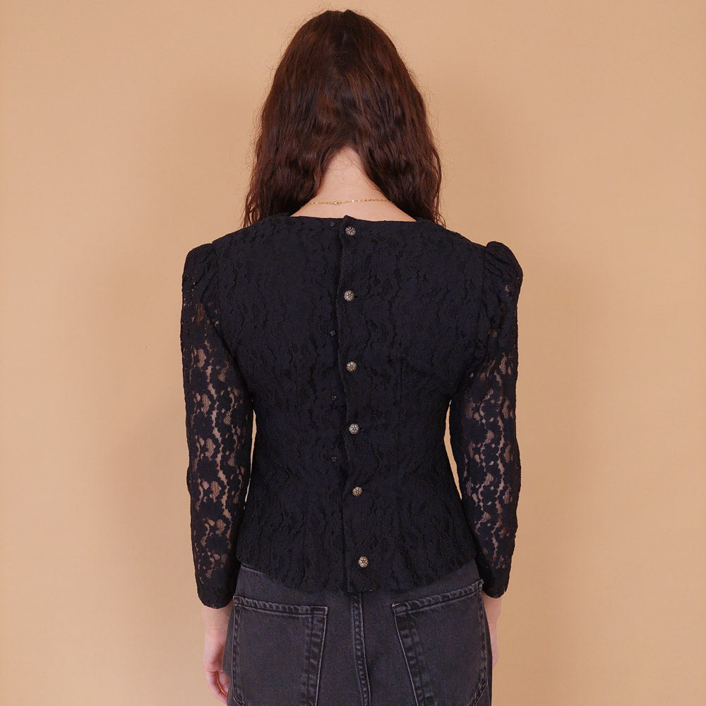 VIN-BLO-32155 Vintage πουκάμισο μαύρο δαντέλα S