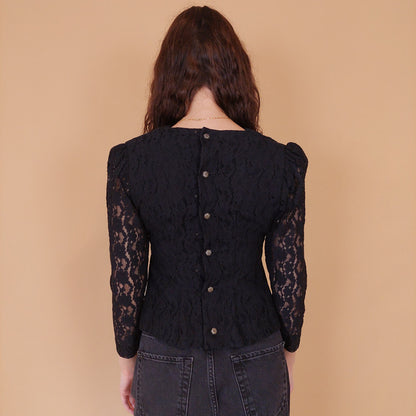 VIN-BLO-32155 Vintage πουκάμισο μαύρο δαντέλα S