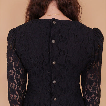 VIN-BLO-32155 Vintage πουκάμισο μαύρο δαντέλα S