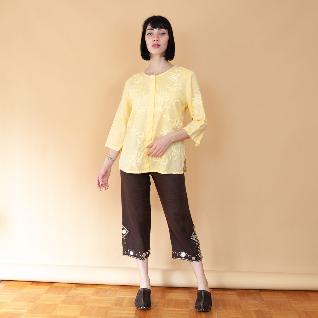 VIN-BLO-23642 Vintage πουκάμισο λινό κίτρινο XL