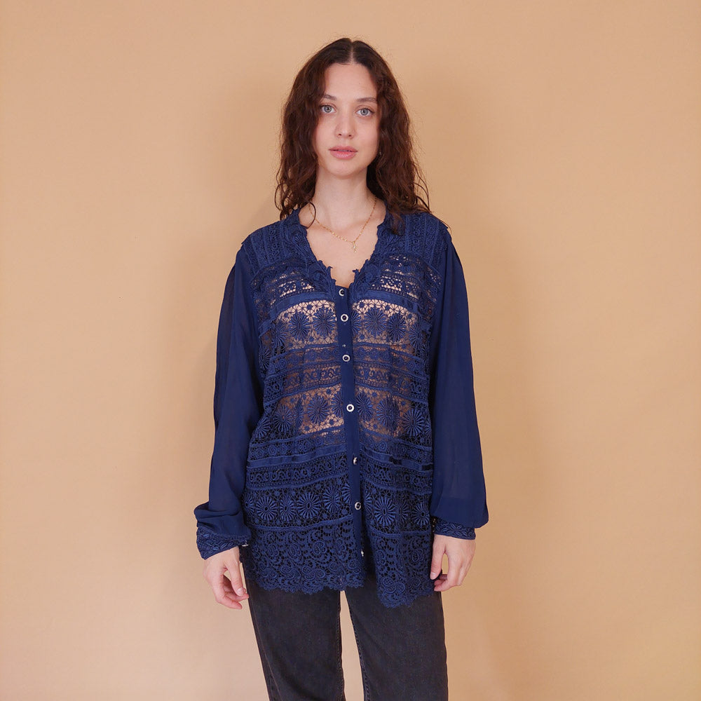 VIN-BLO-32163 Vintage πουκάμισο μπλε δαντέλα L