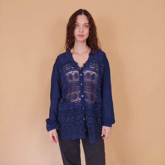 VIN-BLO-32163 Vintage πουκάμισο μπλε δαντέλα L