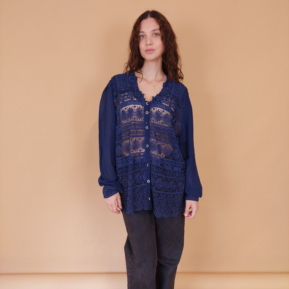 VIN-BLO-32163 Vintage πουκάμισο βισκόζη μπλε δαντέλα L