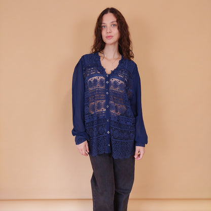 VIN-BLO-32163 Vintage πουκάμισο βισκόζη μπλε δαντέλα L