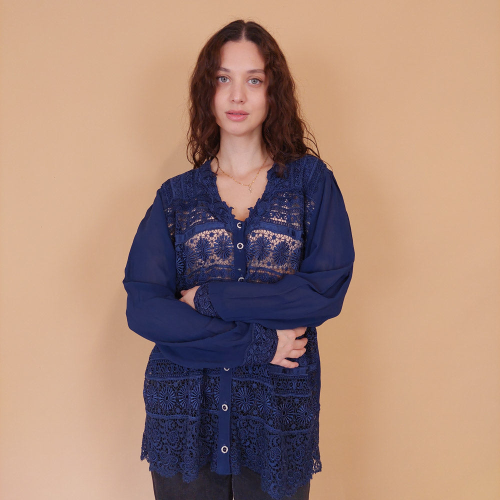 VIN-BLO-32163 Vintage πουκάμισο βισκόζη μπλε δαντέλα L