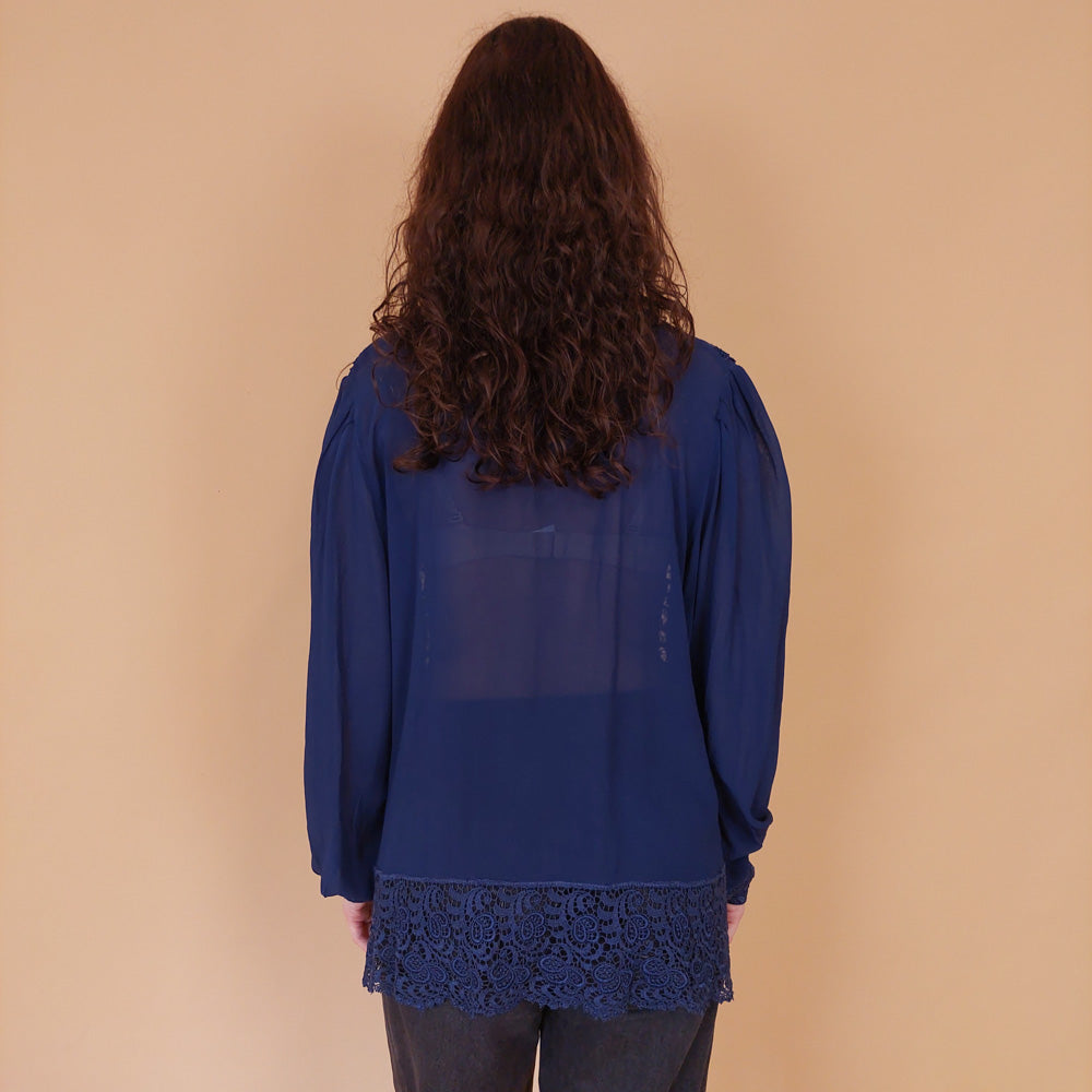 VIN-BLO-32163 Vintage πουκάμισο βισκόζη μπλε δαντέλα L