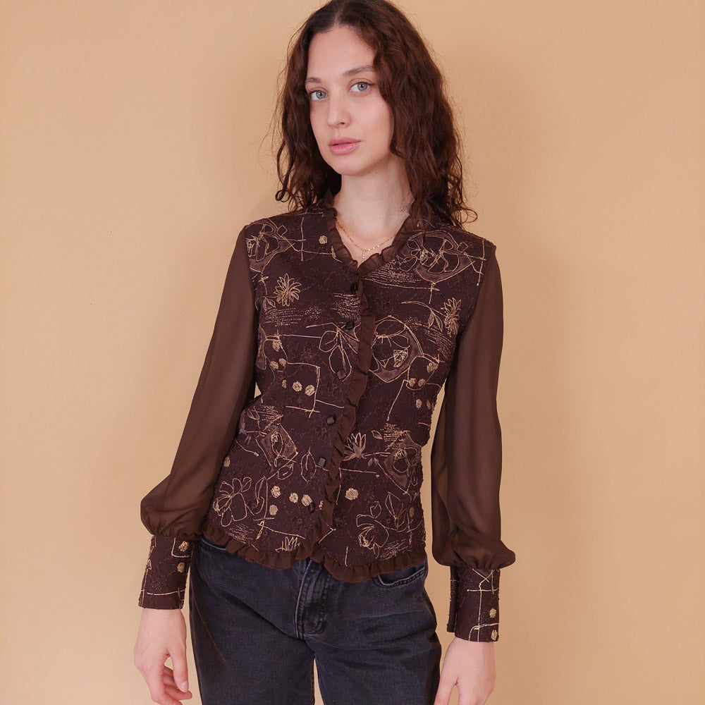 VIN-BLO-32174 Vintage πουκάμισο καφέ με κεντήματα S