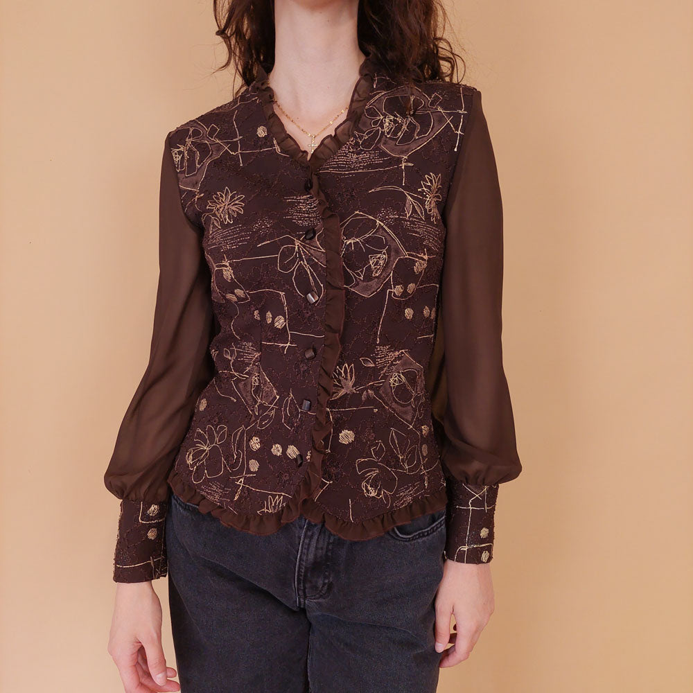 VIN-BLO-32174 Vintage πουκάμισο καφέ με κεντήματα S