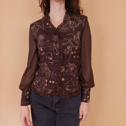 VIN-BLO-32174 Vintage πουκάμισο καφέ με κεντήματα S