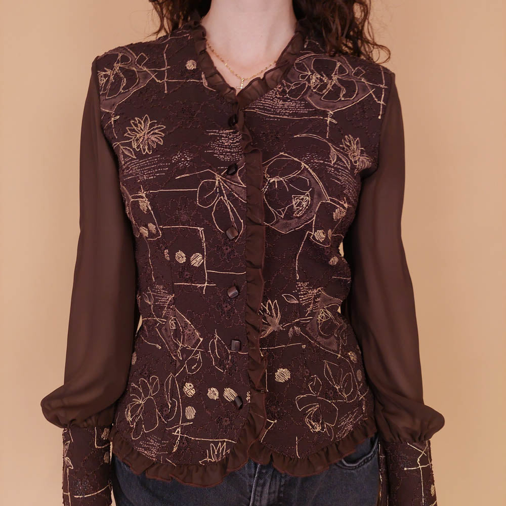 VIN-BLO-32174 Vintage πουκάμισο καφέ με κεντήματα S