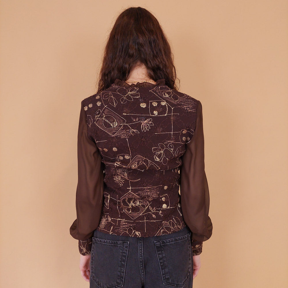 VIN-BLO-32174 Vintage πουκάμισο καφέ με κεντήματα S