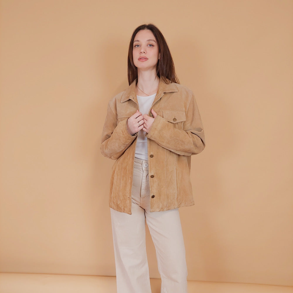 VIN-OUTW-34170 Vintage δερμάτινο suede σακάκι μπεζ M-L