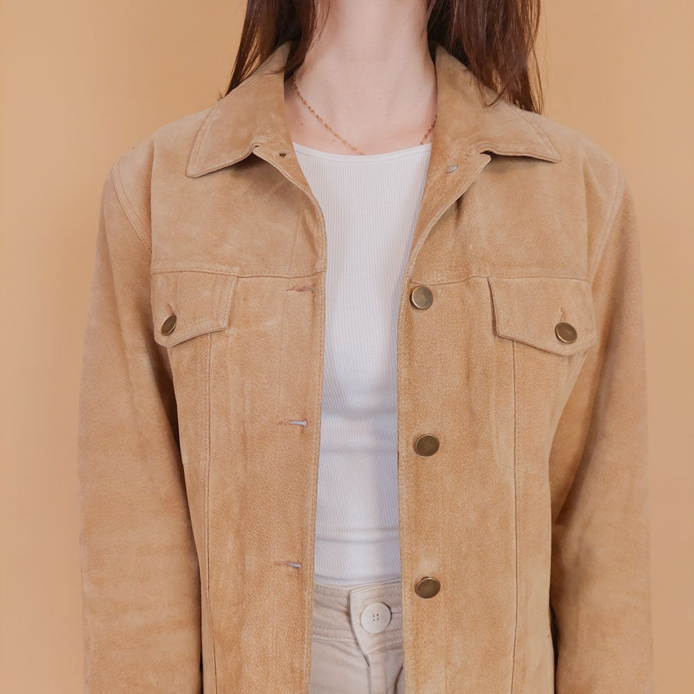 VIN-OUTW-34170 Vintage δερμάτινο suede σακάκι μπεζ M-L