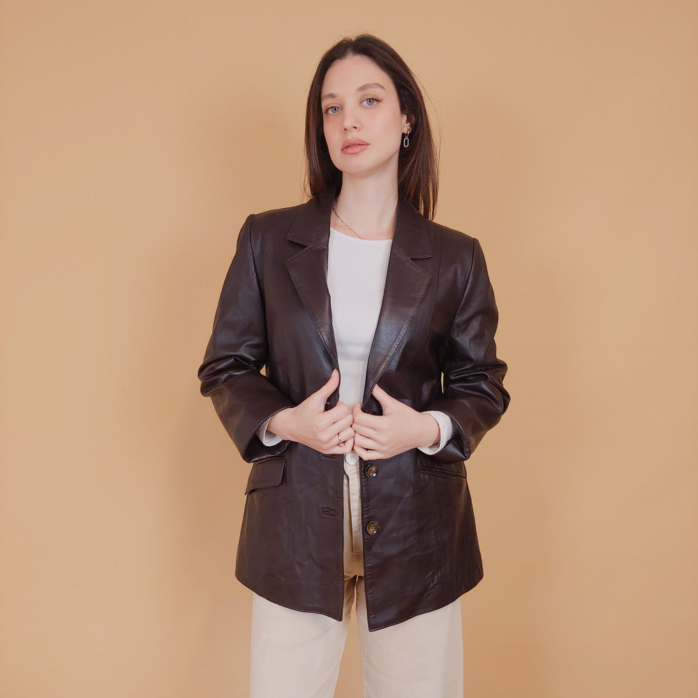 VIN-OUTW-34165 Vintage δερμάτινο σακάκι καφέ S