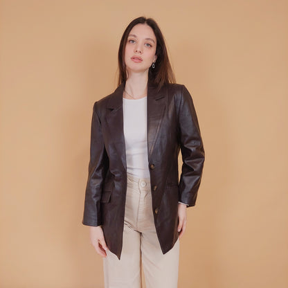 VIN-OUTW-34165 Vintage δερμάτινο σακάκι καφέ S