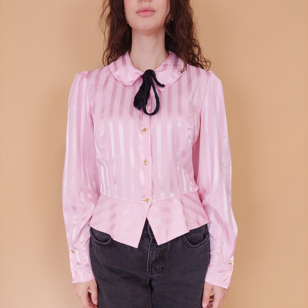 VIN-BLO-32131 Vintage πουκάμισο σατινέ ροζ M-L