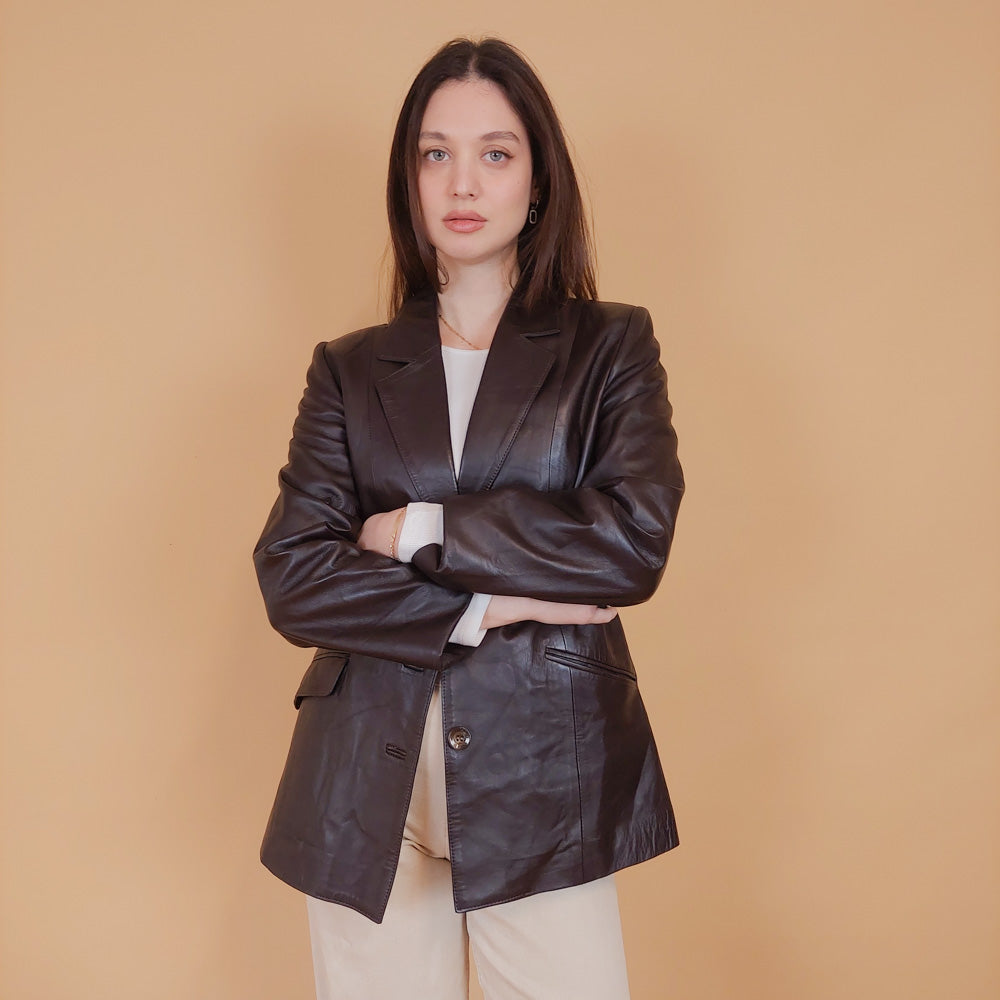 VIN-OUTW-34165 Vintage δερμάτινο σακάκι καφέ S