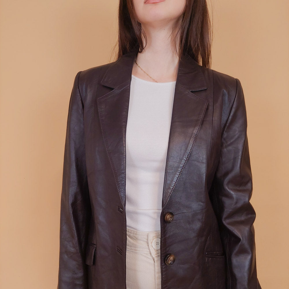 VIN-OUTW-34165 Vintage δερμάτινο σακάκι καφέ S