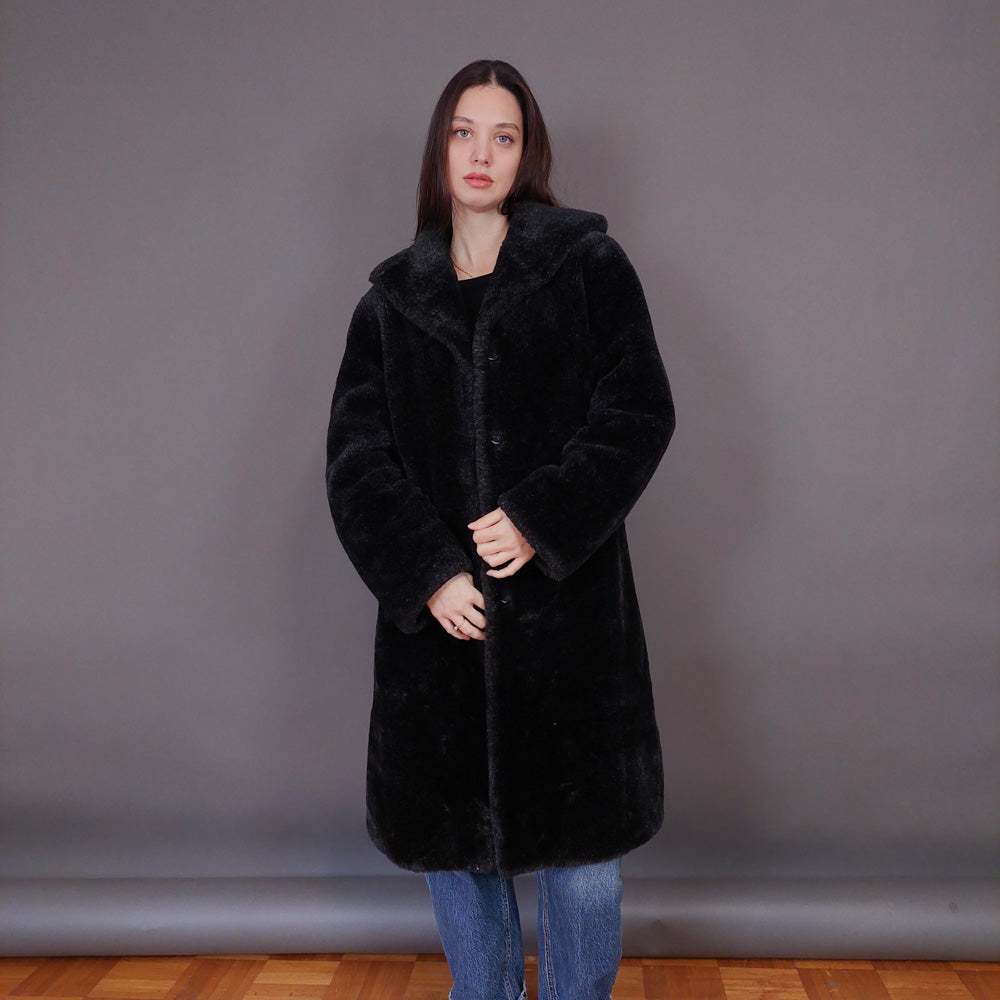 VIN-OUTW-33607 Vintage γούνα οικολογική μαύρη με κουκούλα S-M
